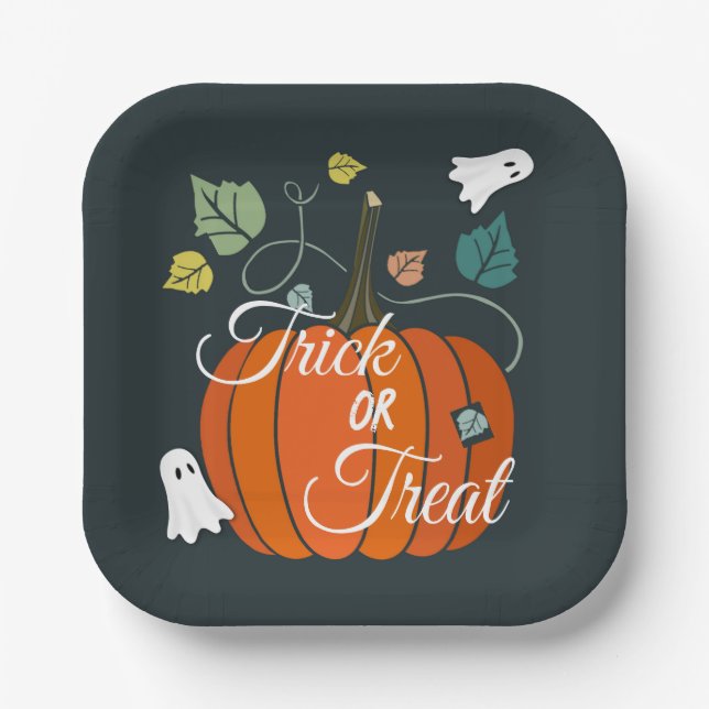Cute Halloween Pumpkin and Ghosts Trick or Treat  Paper Plate (Front)