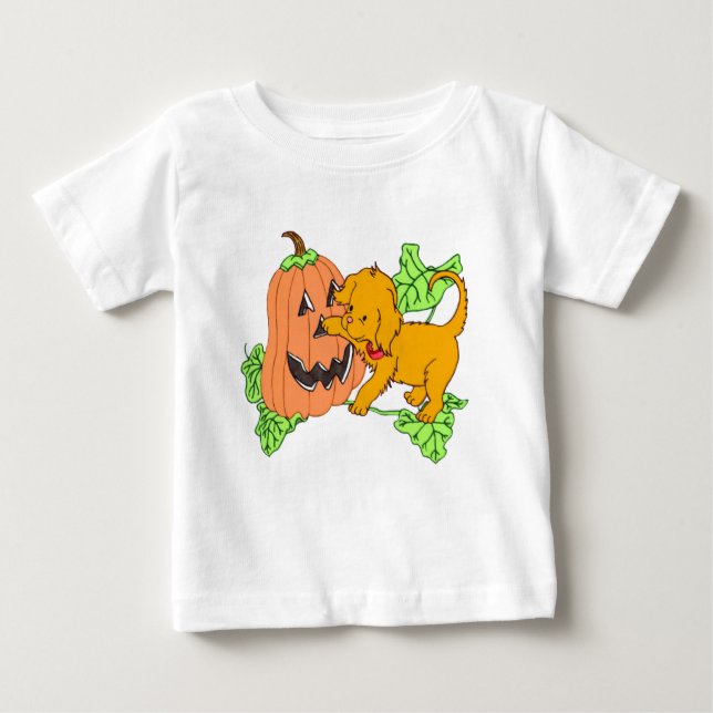 Cute Halloween Pumpkin and Puppy Baby T-Shirt (Front)