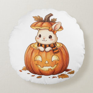Cute Halloween Pumpkin Bunny - Cosy Fall Rabbit Ar Round Cushion