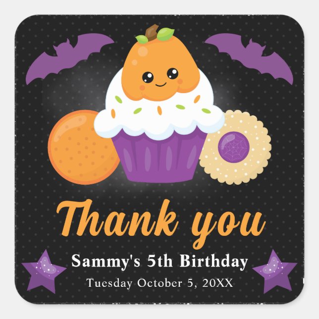 Cute Halloween Pumpkin Cupcake Kids Birthday Square Sticker (Front)