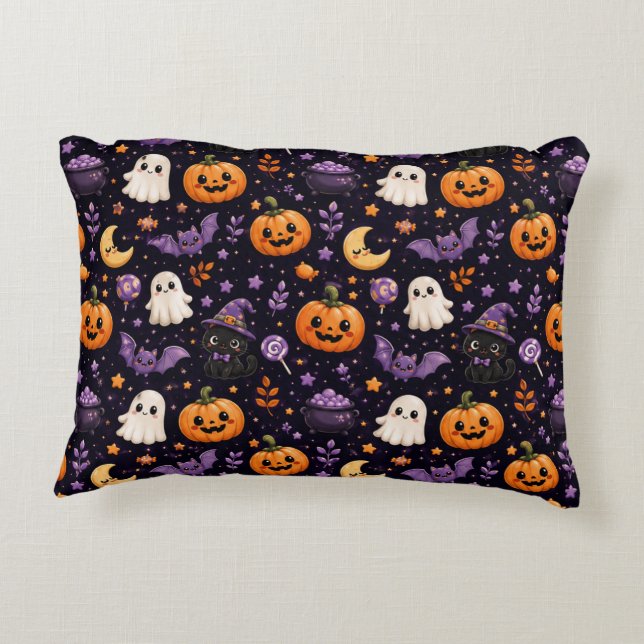 Cute Halloween Pumpkin Ghost Cat Bat Pattern Art Decorative Cushion (Back)