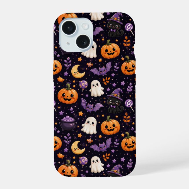 Cute Halloween Pumpkin Ghost Cat Bat Pattern Art iPhone 15 Case (Back)