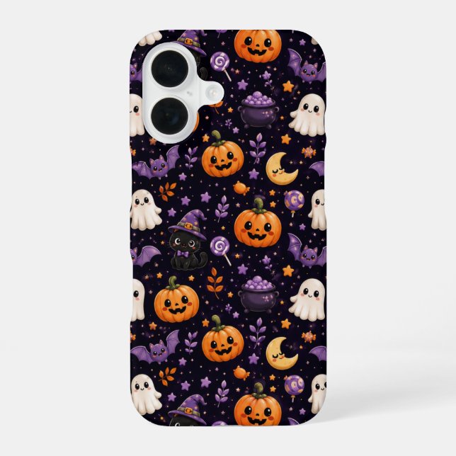 Cute Halloween Pumpkin Ghost Cat Bat Pattern Art iPhone 16 Case (Back)