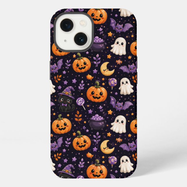 Cute Halloween Pumpkin Ghost Cat Bat Pattern Art iPhone Case (Back)