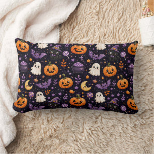 Cute Halloween Pumpkin Ghost Cat Bat Pattern Art Lumbar Cushion