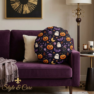 Cute Halloween Pumpkin Ghost Cat Bat Pattern Art Round Cushion
