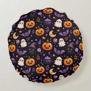 Cute Halloween Pumpkin Ghost Cat Bat Pattern Art Round Cushion