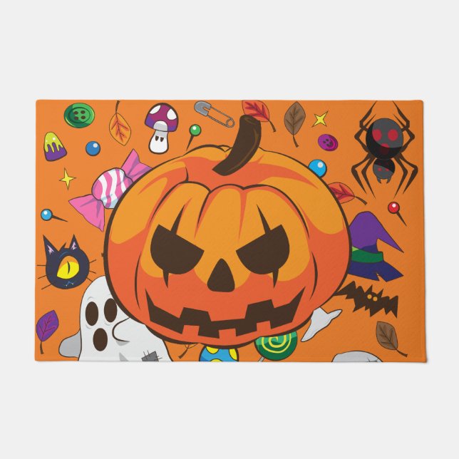 Cute Halloween Pumpkin & Ghost Doormat (Front)
