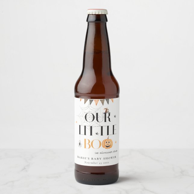 Cute Halloween Pumpkin Little Boo Baby Shower Beer Bottle Label (Front)