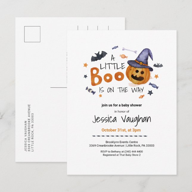 Cute Halloween Pumpkin Little Boo Baby Shower Invitation Postcard (Front/Back)