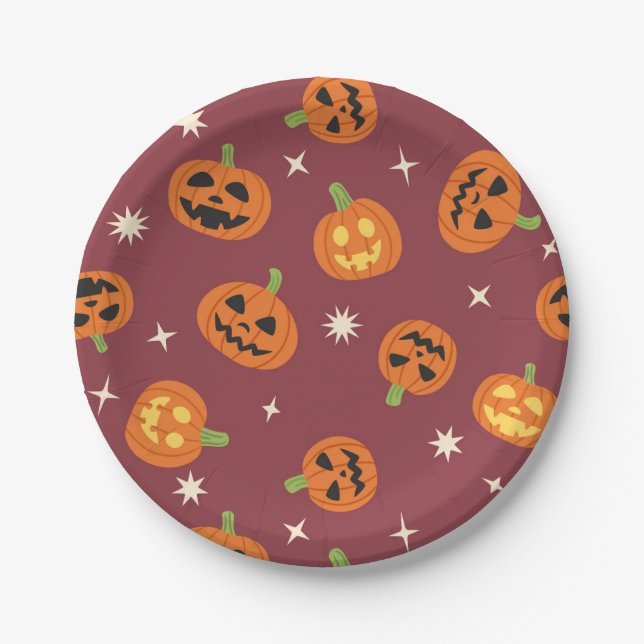 Cute Halloween Pumpkin Pattern dark red Paper Plate (Front)