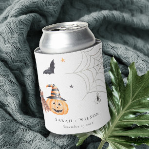 Cute Halloween Pumpkin Spiderweb Spooky Wedding Can Cooler