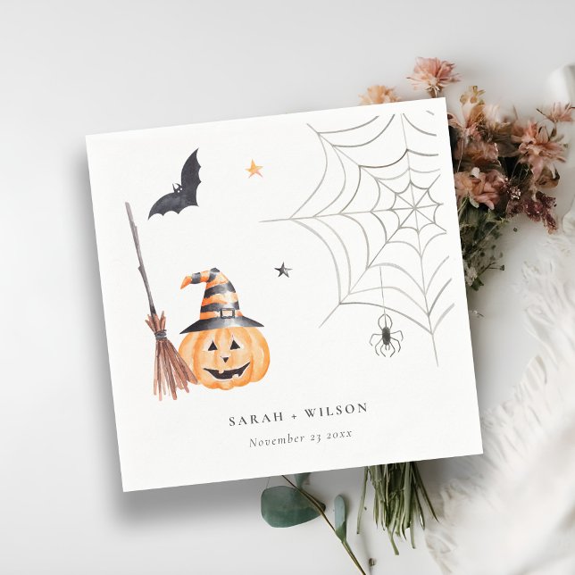 Cute Halloween Pumpkin Spiderweb Spooky Wedding Napkin (Creator Uploaded)
