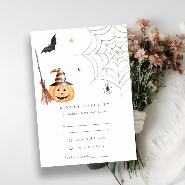Cute Halloween Pumpkin Spiderweb Spooky Wedding RSVP Card (Creator Uploaded)