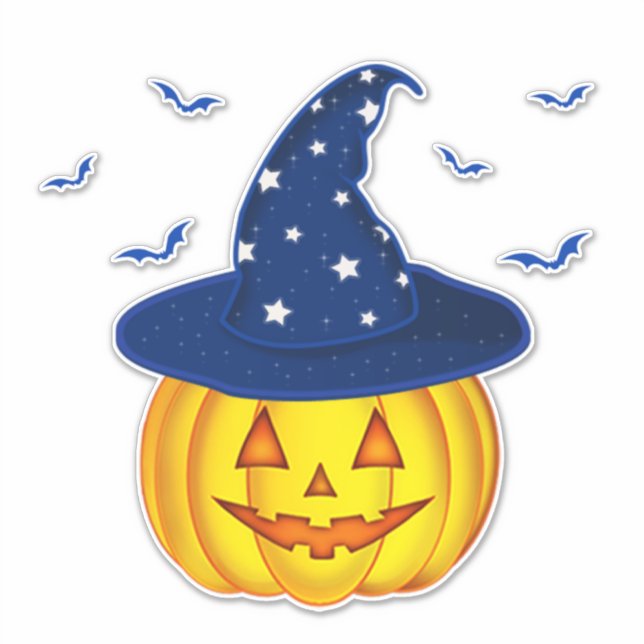 Cute Halloween Pumpkin Wearing Witch Hat & Bats (Front)