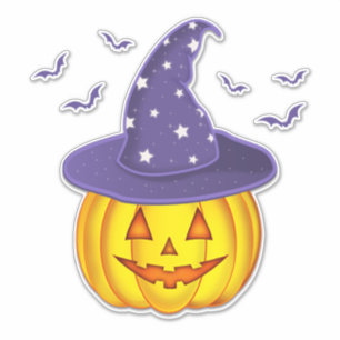 Cute Halloween Pumpkin Wearing Witch Hat & Bats