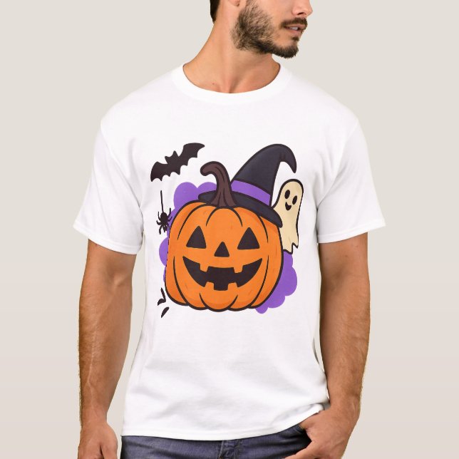 Cute Halloween Pumpkin with Witch Hat – Ghost & Ba T-Shirt (Front)