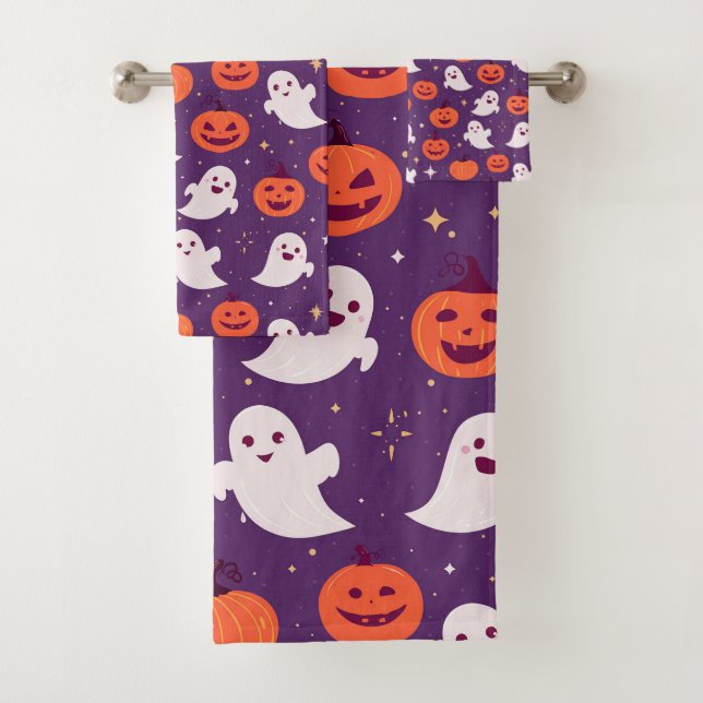Cute halloween pumpkins and ghosts bath towel set (Insitu)