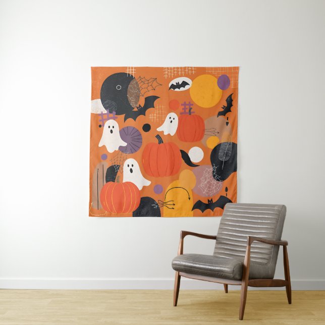 Cute Halloween Pumpkins and Ghosts Tapestry (In Situ)