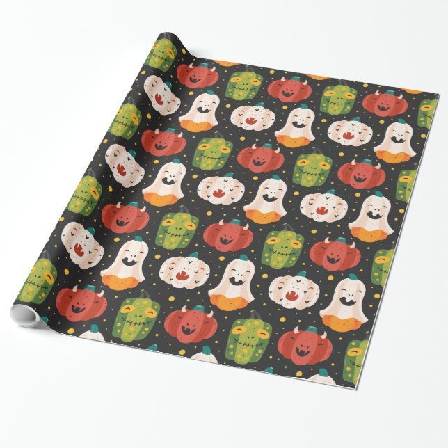 Cute Halloween Pumpkins and Gourds Wrapping Paper (Unrolled)