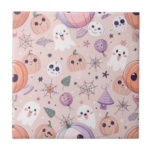 Cute Halloween Pumpkins & Ghosts on Pink Seamless Ceramic Tile