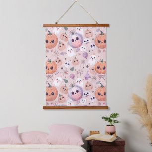Cute Halloween Pumpkins & Ghosts on Pink Seamless Hanging Tapestry