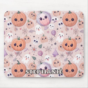 Cute Halloween Pumpkins & Ghosts on Pink Seamless Mouse Pad