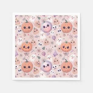 Cute Halloween Pumpkins & Ghosts on Pink Seamless Napkin
