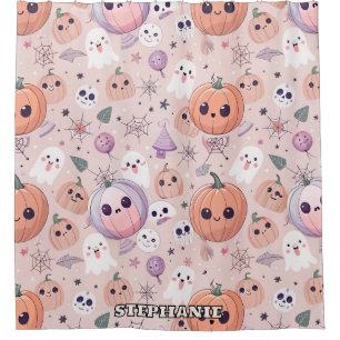 Cute Halloween Pumpkins & Ghosts on Pink Seamless Shower Curtain