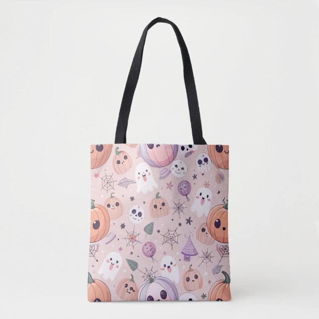 Cute Halloween Pumpkins & Ghosts on Pink Seamless Tote Bag (Front)