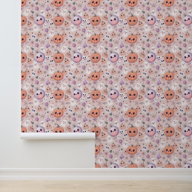Cute Halloween Pumpkins & Ghosts on Pink Seamless Wallpaper (Application)