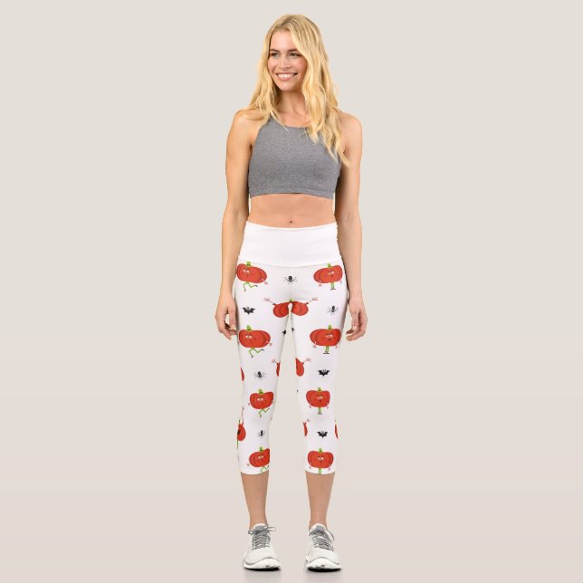 Cute halloween pumpkins, spider & bat pattern capri leggings (Front)