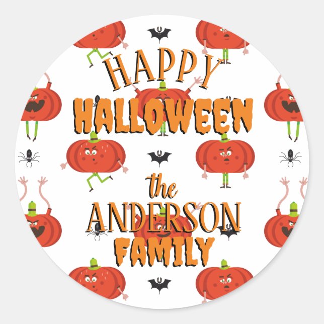 Cute halloween pumpkins, spider & bat pattern classic round sticker (Front)