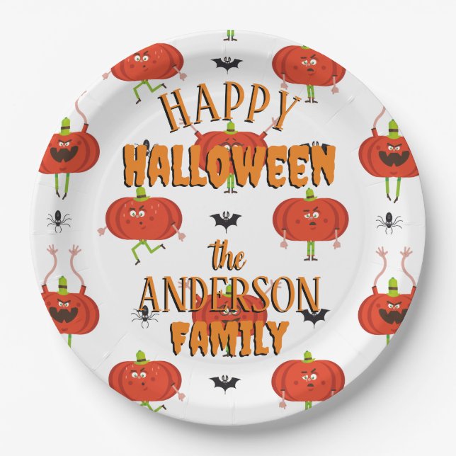 Cute halloween pumpkins, spider & bat pattern paper plate (Front)