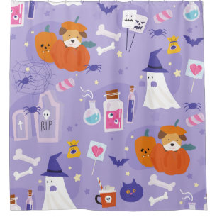 cute halloween puppy dog pumpkin potion poison shower curtain