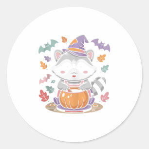 Cute Halloween Raccoon Making Pottery With Autumn  Classic Round Sticker