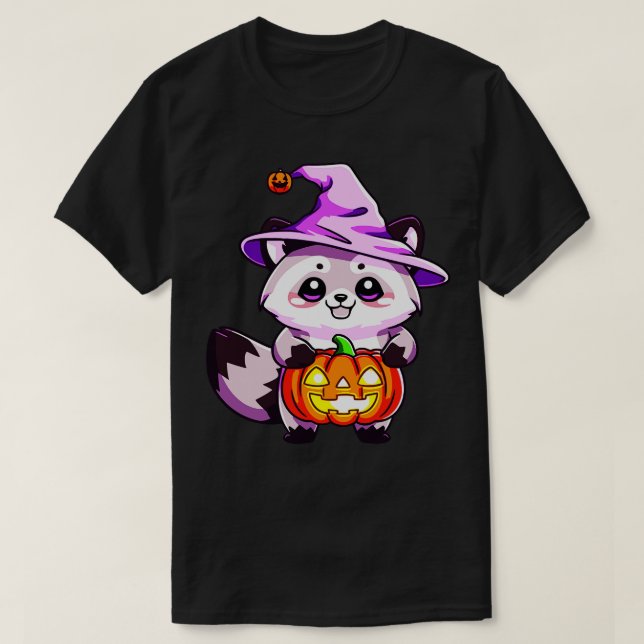 Cute Halloween racoon in a witch hat and pumpkin T-Shirt (Design Front)