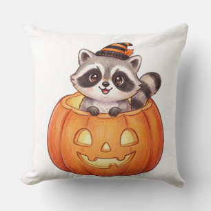 Cute Halloween Racoon in Jack-o'-Lantern Pumpkin Cushion