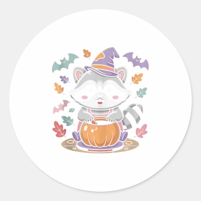 Cute Halloween Racoon Making Pottery With Autumn  Classic Round Sticker (Front)