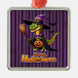 Cute Halloween Raptor/Dinosaur Witch Metal Ornament