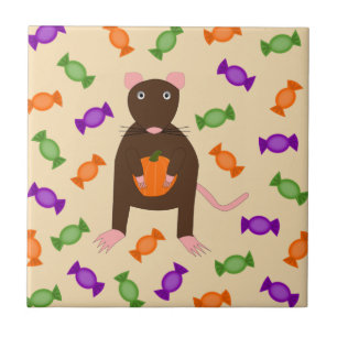 Cute Halloween Rat and Pumpkin Ceramic Tile