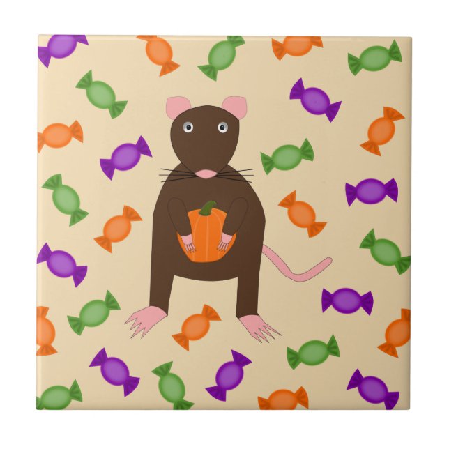 Cute Halloween Rat and Pumpkin Ceramic Tile (Front)
