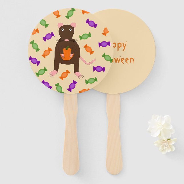 Cute Halloween Rat and Pumpkin Custom Hand Fan (Front and Back)