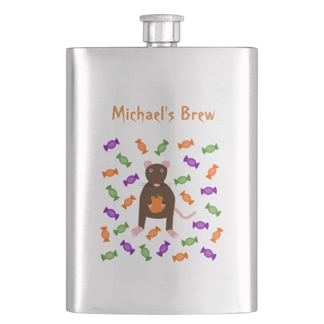 Cute Halloween Rat and Pumpkin Custom Hip Flask (Front)