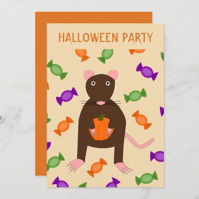 Cute Halloween Rat and Pumpkin Custom Party Invitation (Front/Back)