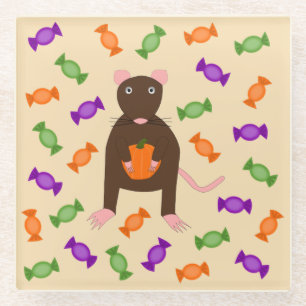Cute Halloween Rat and Pumpkin Glass Coaster