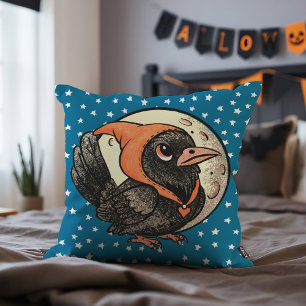 Cute Halloween Raven In Orange Costume Moon Stars Cushion