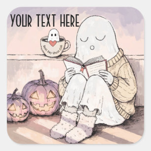 Cute Halloween Reading Ghost Cosy Autumn Book Club Square Sticker