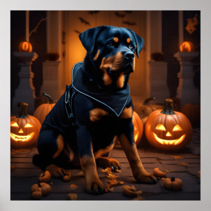 Cute Halloween Rottweiler Dog Night with Pumpkins  Poster