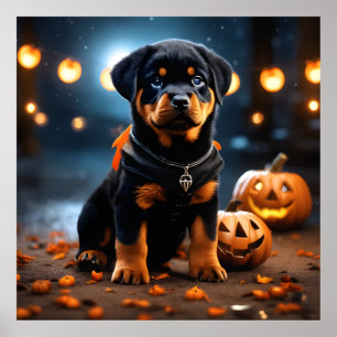 Cute Halloween Rottweiler Puppy Dog w Pumpkins  Poster